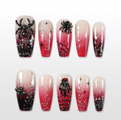 Handmade red and black ombre press on nails with 3D spider and cobweb design