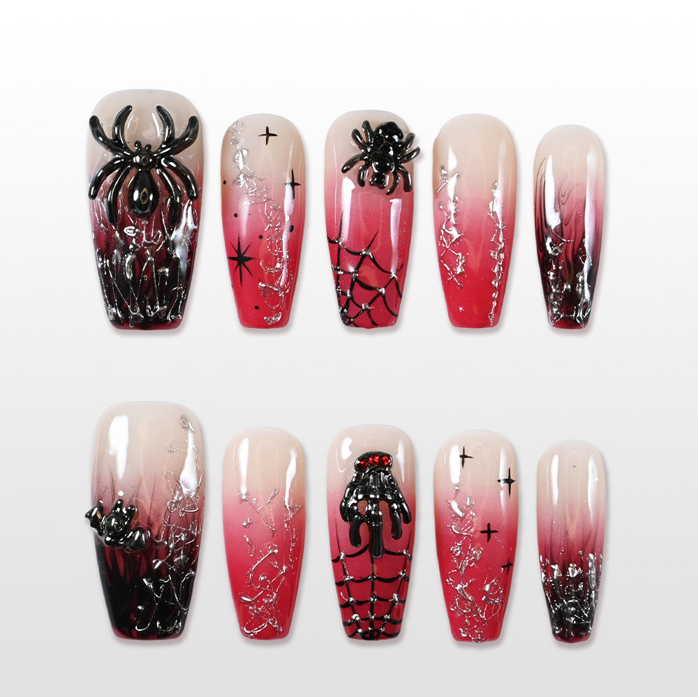 Handmade red and black ombre press on nails with 3D spider and cobweb design