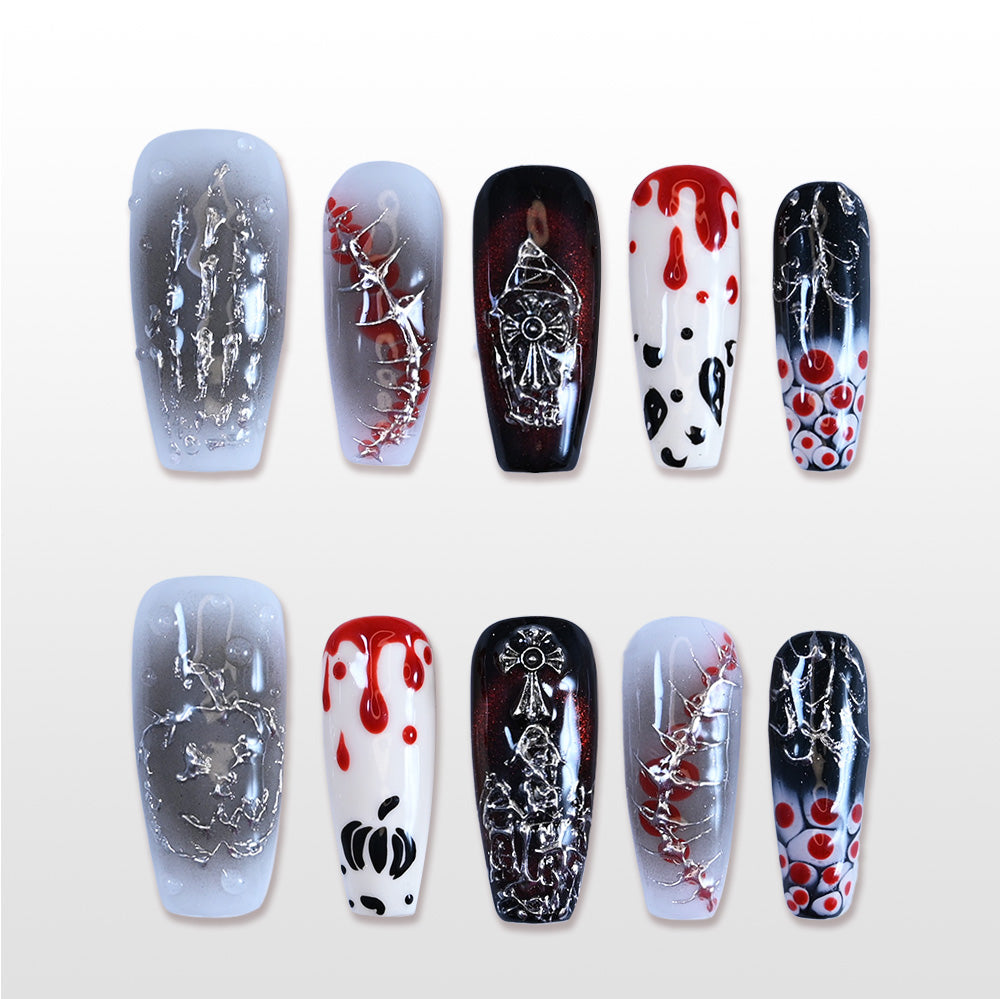 Handmade black white red press on nails with skull, blood drip and stitched design