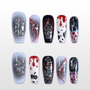 Handmade black white red press on nails with skull, blood drip and stitched design