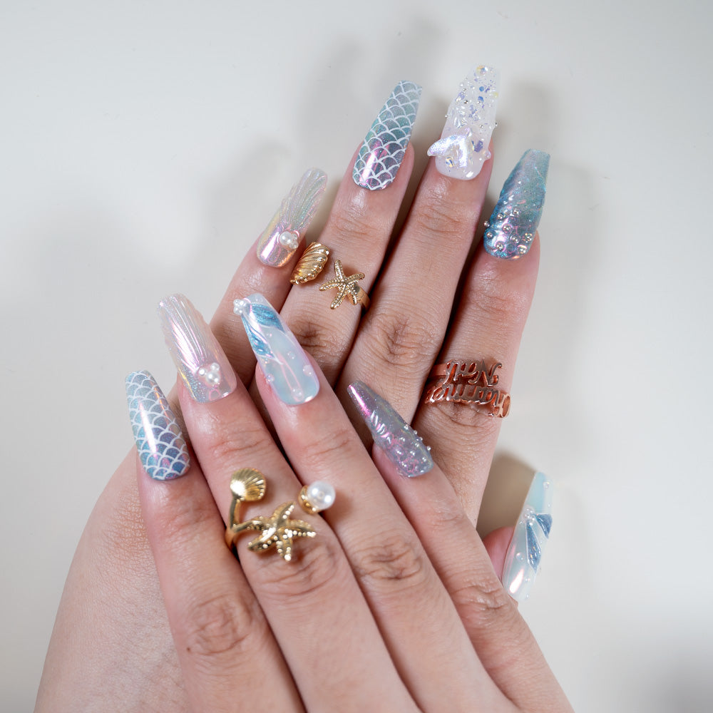 Holographic long square nails with fish scale pattern and shimmer
