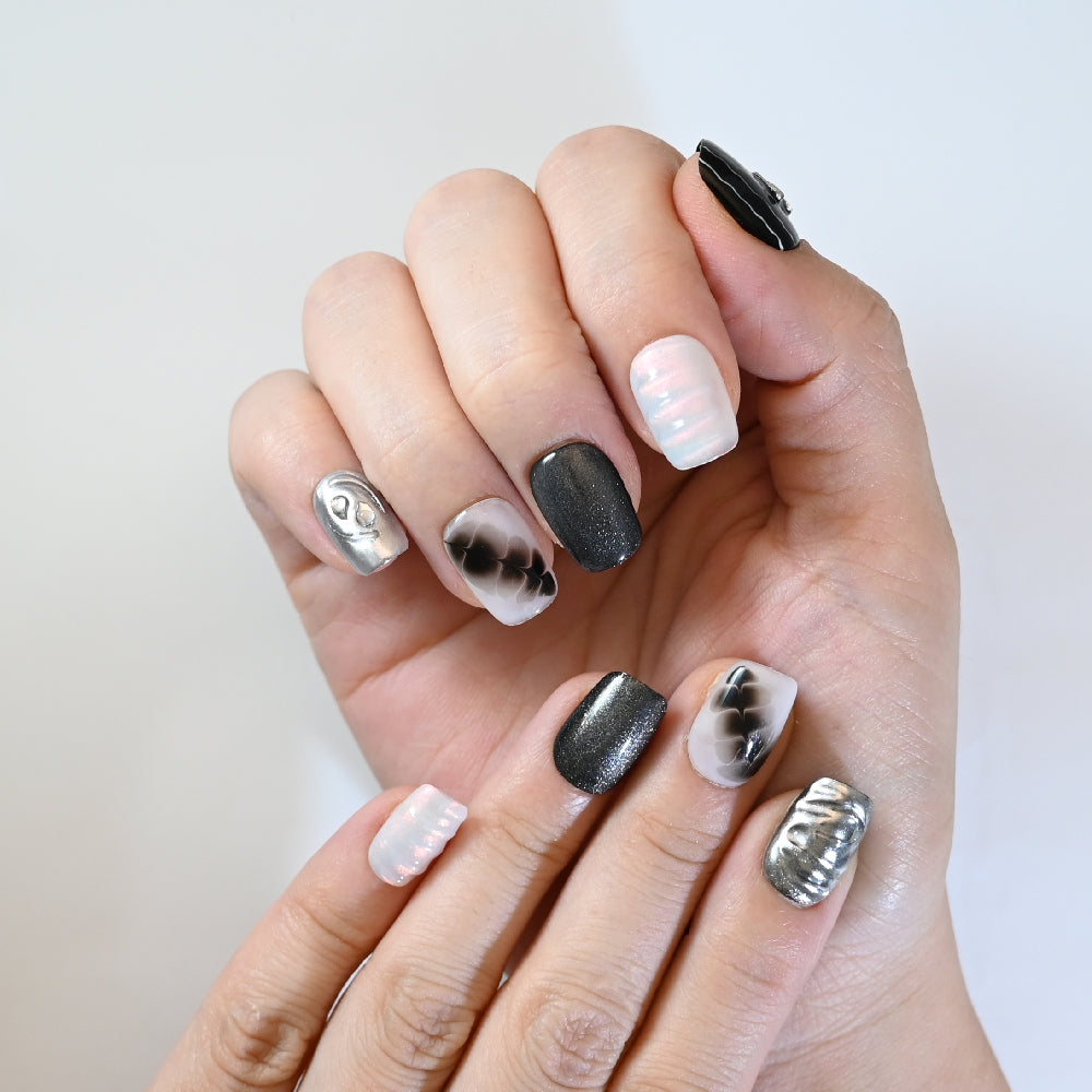 Square short press-on nails with 3D metal butterflies, yin-yang charm, and shimmer finish