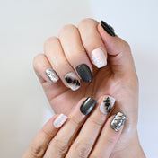 Square short press-on nails with 3D metal butterflies, yin-yang charm, and shimmer finish