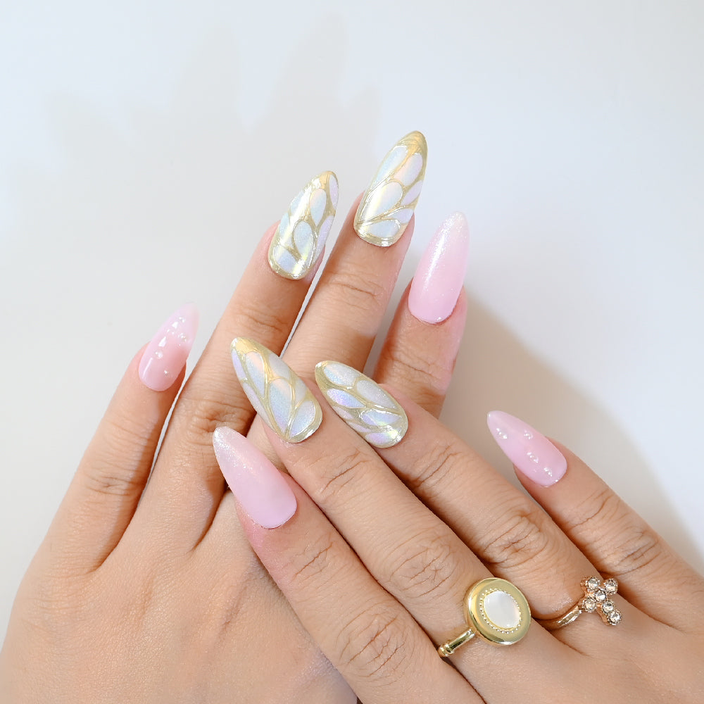 Iridescent butterfly wing press-on nails with gold outlines and soft pastel shimmer