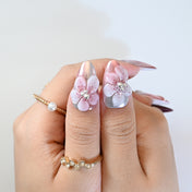 Romantic wine red and metallic silver press-on nails with 3D flower charm