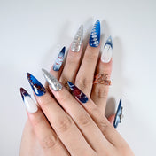 Charmeenail luxury acrylic nails featuring dark blue gradient, silver chains and gothic vibes