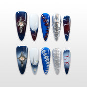 Handmade navy blue and silver press on nails with gothic cross and metallic design