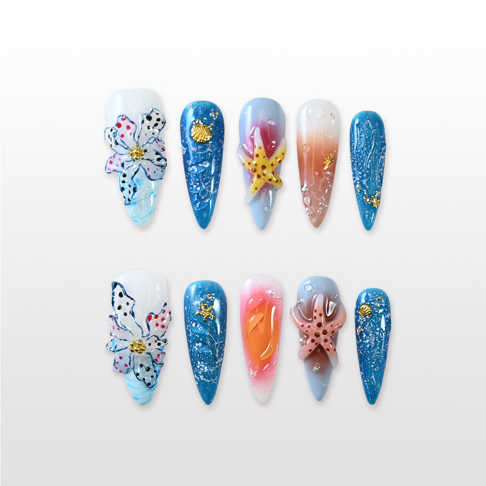 Handmade ocean blue press on nails with 3D starfish, seashell and floral design