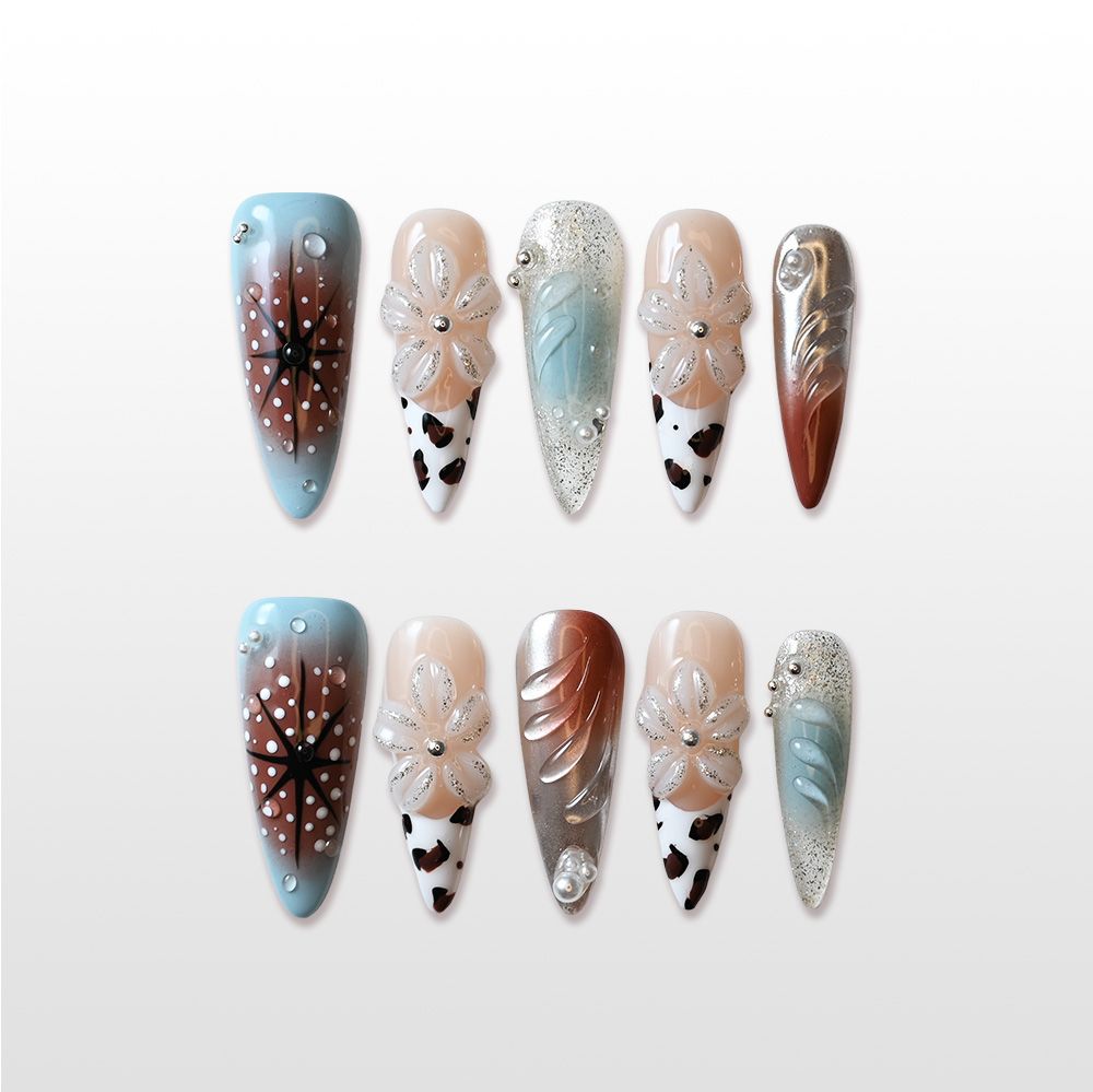 Handmade brown and blue gradient press on nails with 3D floral and snowflake design