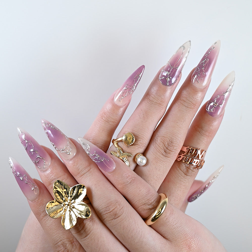 Luxury purple ombré press-on nails with silver cracked pattern design
