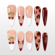 Handmade nude French nails with white tips and 3D cherry design