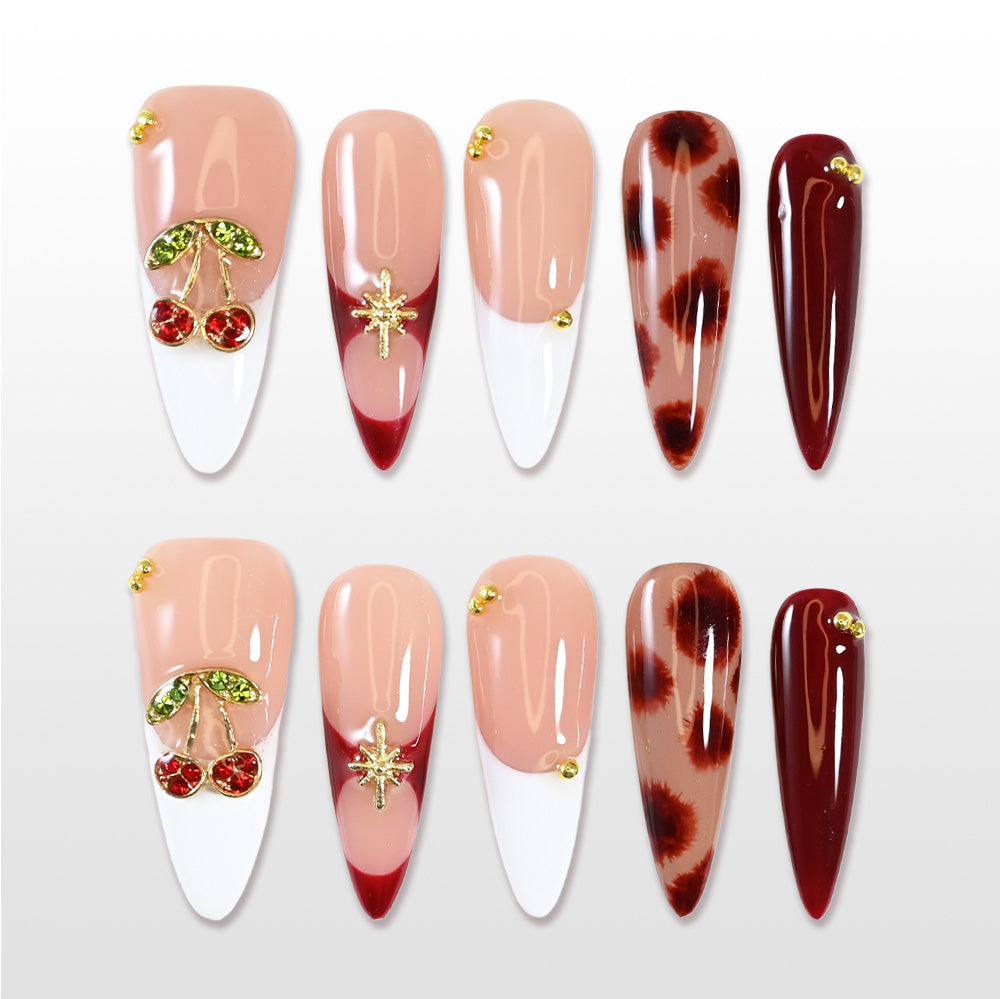 Handmade nude French nails with white tips and 3D cherry design