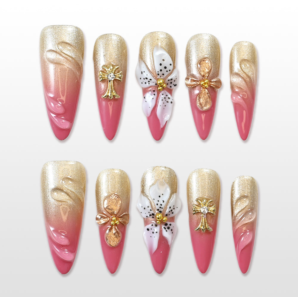 Gold and pink gradient press-on nails with 3D white lily flower design