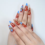 Reusable long acrylic nails by Charmeenail, salon quality red and blue floral style