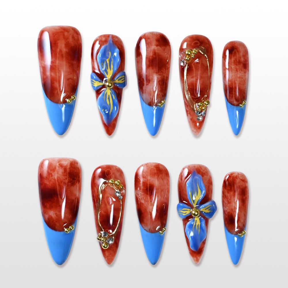 Handmade red and blue press on nails with 3D flower and marble design