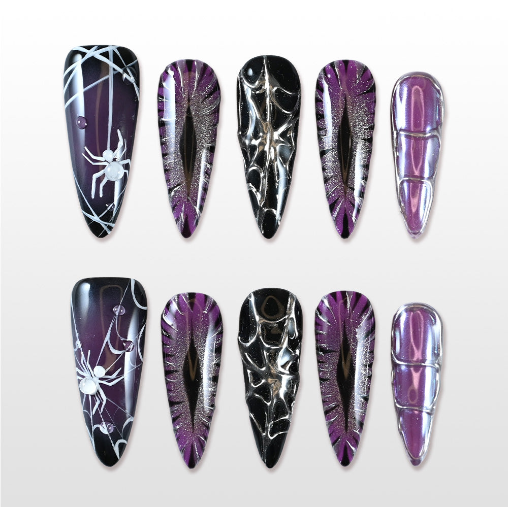 Handmade purple and black press on nails with spider web and 3D spider design