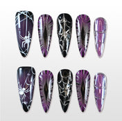 Handmade purple and black press on nails with spider web and 3D spider design