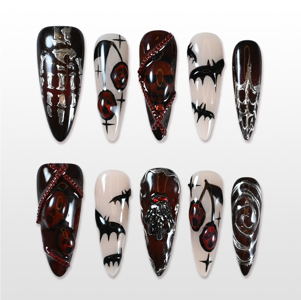 Handmade black and red press on nails with 3D blood drip and gothic skull design