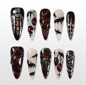 Handmade black and red press on nails with 3D blood drip and gothic skull design