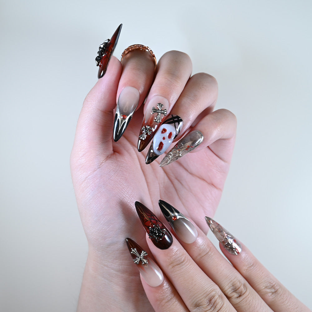 Salon quality Halloween press on nails with 3D skulls, gothic crosses and horror face details
