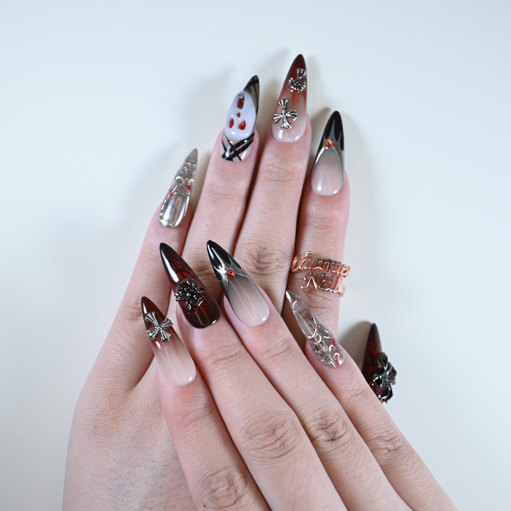 Reusable long stiletto acrylic nails by Charmeenail, dark red black silver spooky nail art