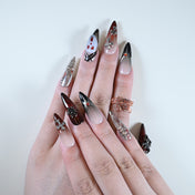 Reusable long stiletto acrylic nails by Charmeenail, dark red black silver spooky nail art