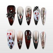 Handmade Halloween press on nails with 3D skulls, spider, and gothic cross design