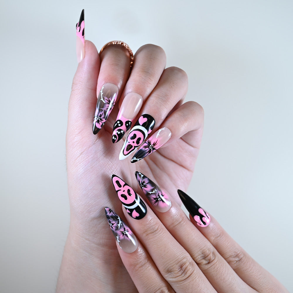 Reusable long stiletto acrylic nails by Charmeenail, Halloween scream style with spooky art
