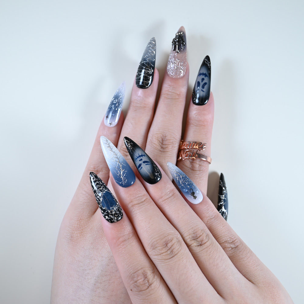 Salon quality gradient press on nails featuring 3D ghost hand and glitter web details