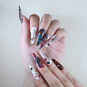 Charmeenail acrylic nails featuring dark blue shimmer, 3D rose and creepy web art