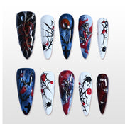 Long stiletto reusable press-on nails with spooky spider and blood drip accents
