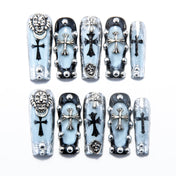Black and silver gothic press-on nails with cross and lion head charms