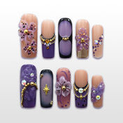 Purple gemstone press-on nails with 3D flowers and gold accents