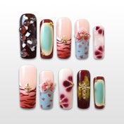 Handmade burgundy and pastel blue press on nails with floral and cross charms