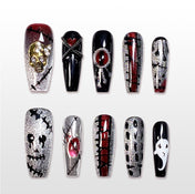 Handmade red black and silver coffin press on nails with skull, ghost and stitched design