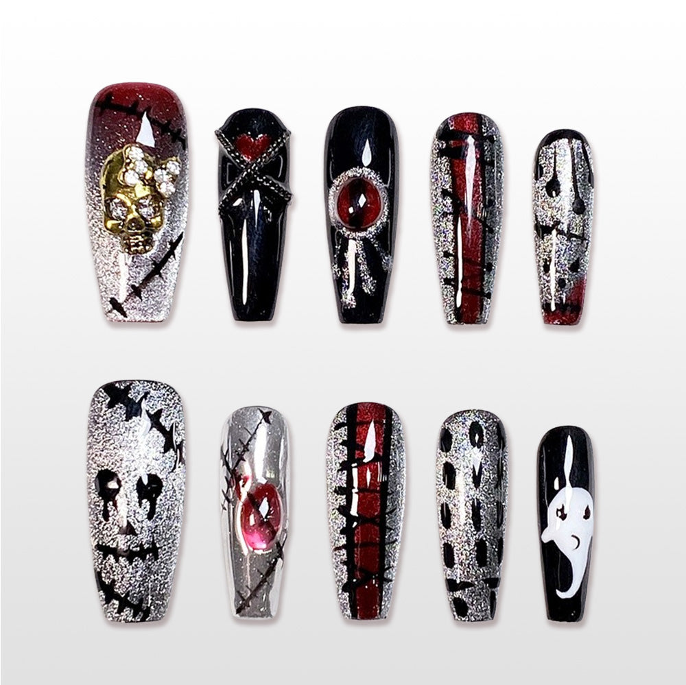 Handmade red black and silver coffin press on nails with skull, ghost and stitched design