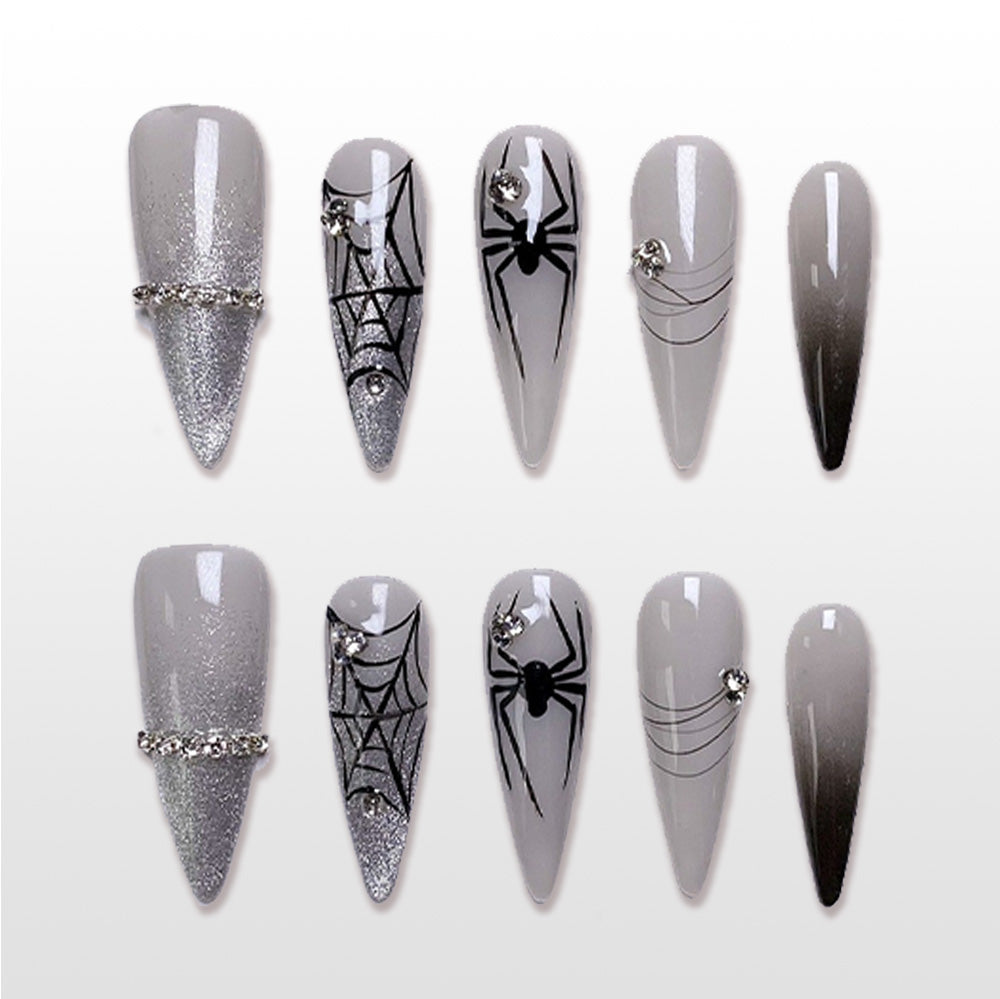 Handmade grey stiletto press on nails with black spider and web design