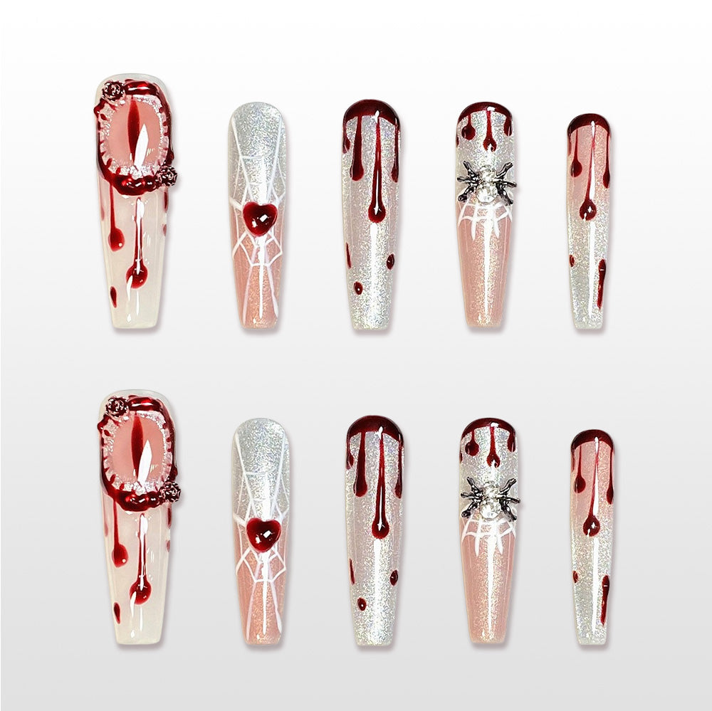 Handmade coffin Halloween press on nails with blood drip, silver glitter and spider web design