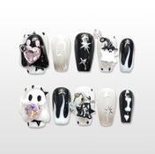 Short coffin  acrylic nails featuring 3D ghost charms, heart crystal and witch hat pendant