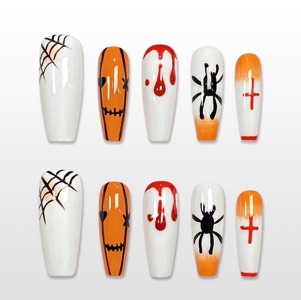 Handmade white and orange Halloween press on nails with spider, blood drip and web design