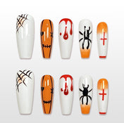 Handmade white and orange Halloween press on nails with spider, blood drip and web design
