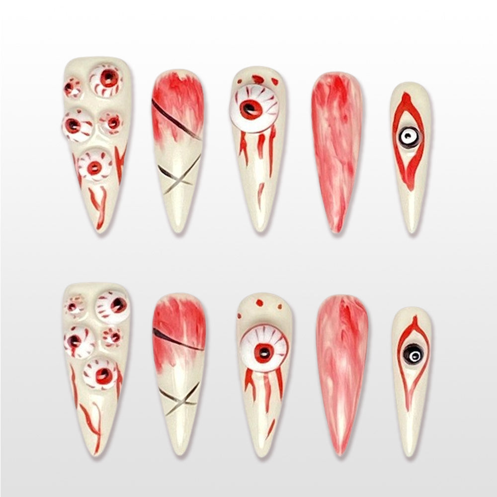 Handmade white and red press on nails with 3D bloody eyeball design