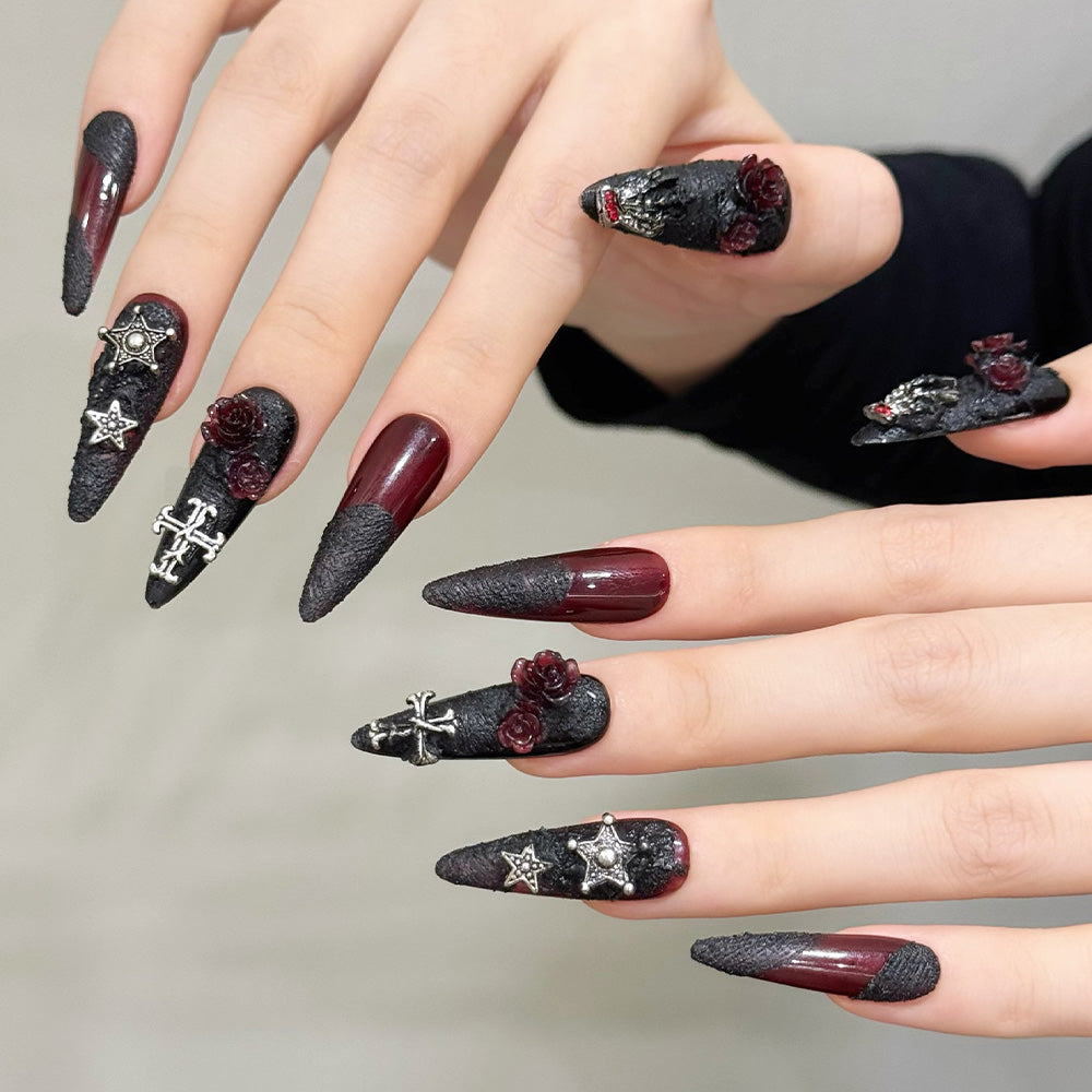 Charmeenail acrylic nails with gothic rose patterns, textured black matte finish and Halloween vibe