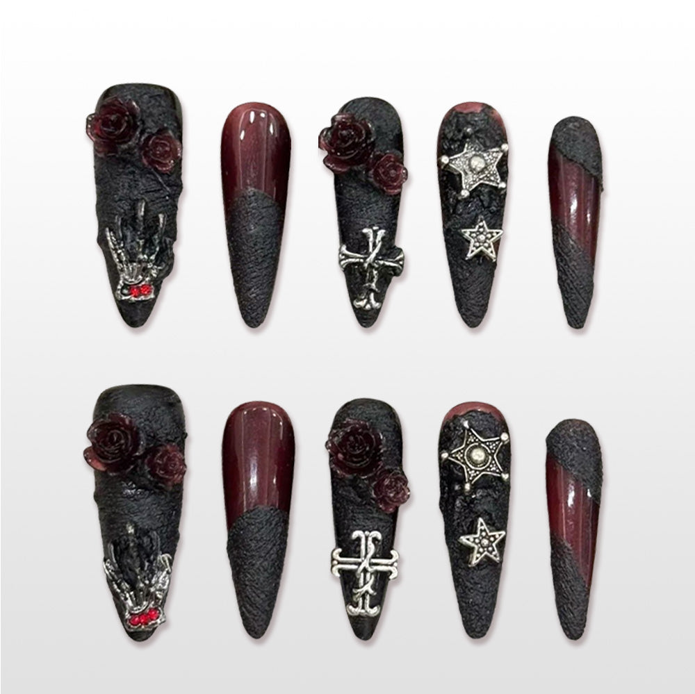 Handmade black and burgundy press on nails with 3D rose and gothic cross design