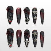 Handmade black and burgundy press on nails with 3D rose and gothic cross design