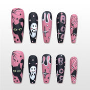 Handmade pink and black Halloween press on nails with ghost, black cat, spider and BOO design