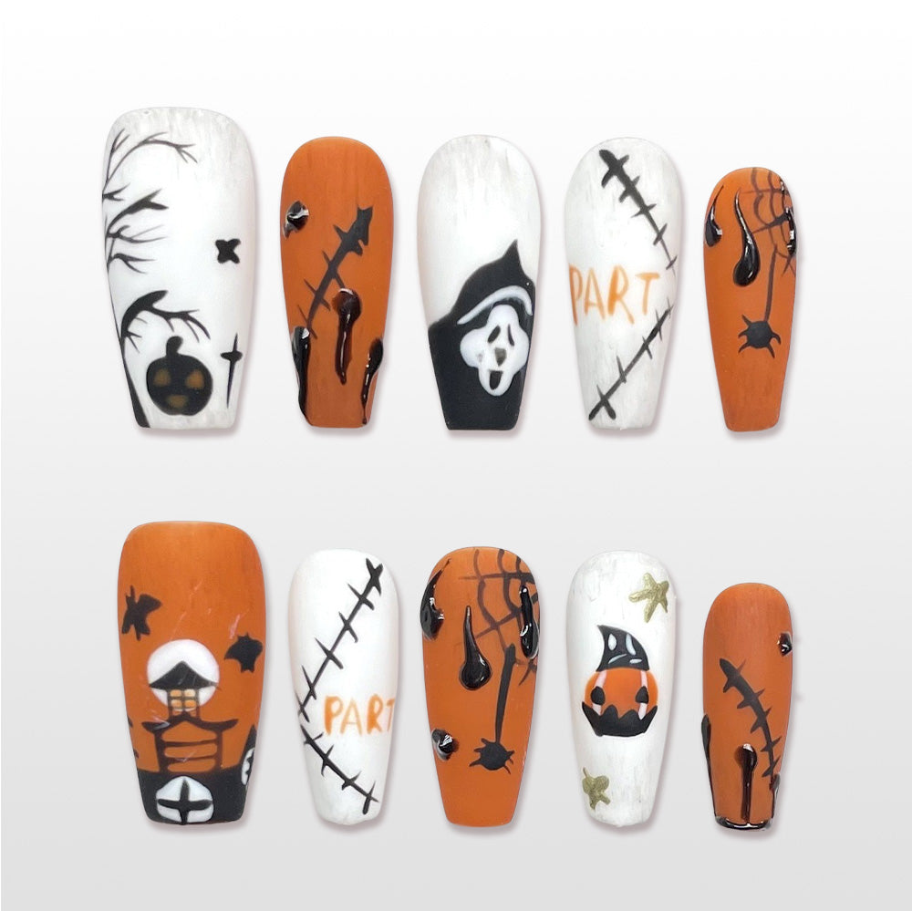 Handmade orange and white Halloween press on nails with pumpkin, spiderweb and ghost design
