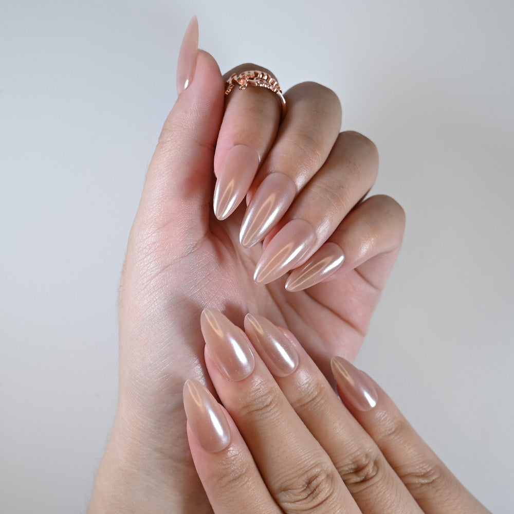 Glossy nude pearl nails, handmade press on manicure, reusable and sturdy