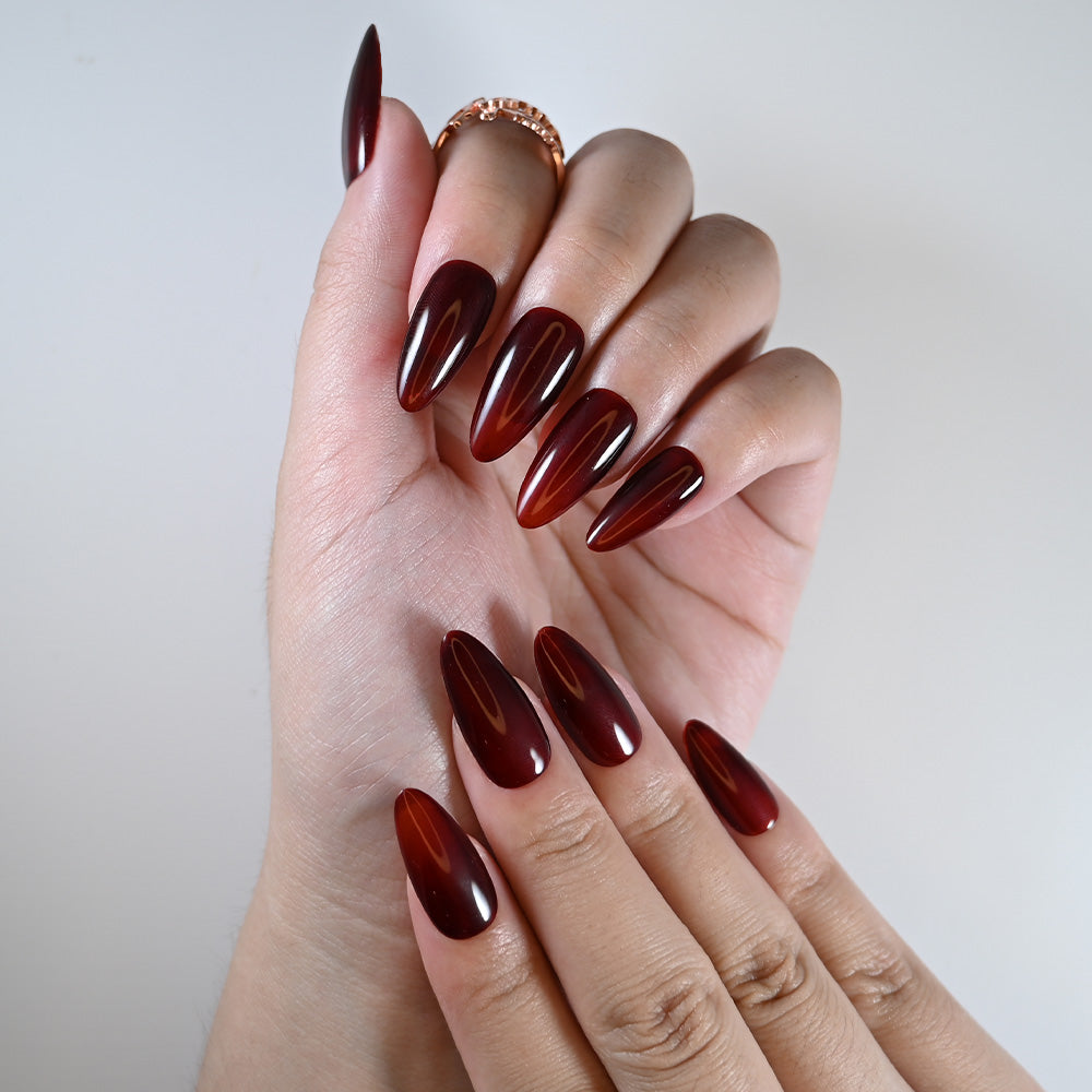 Elegant wine red almond nails, transparent jelly press on nails