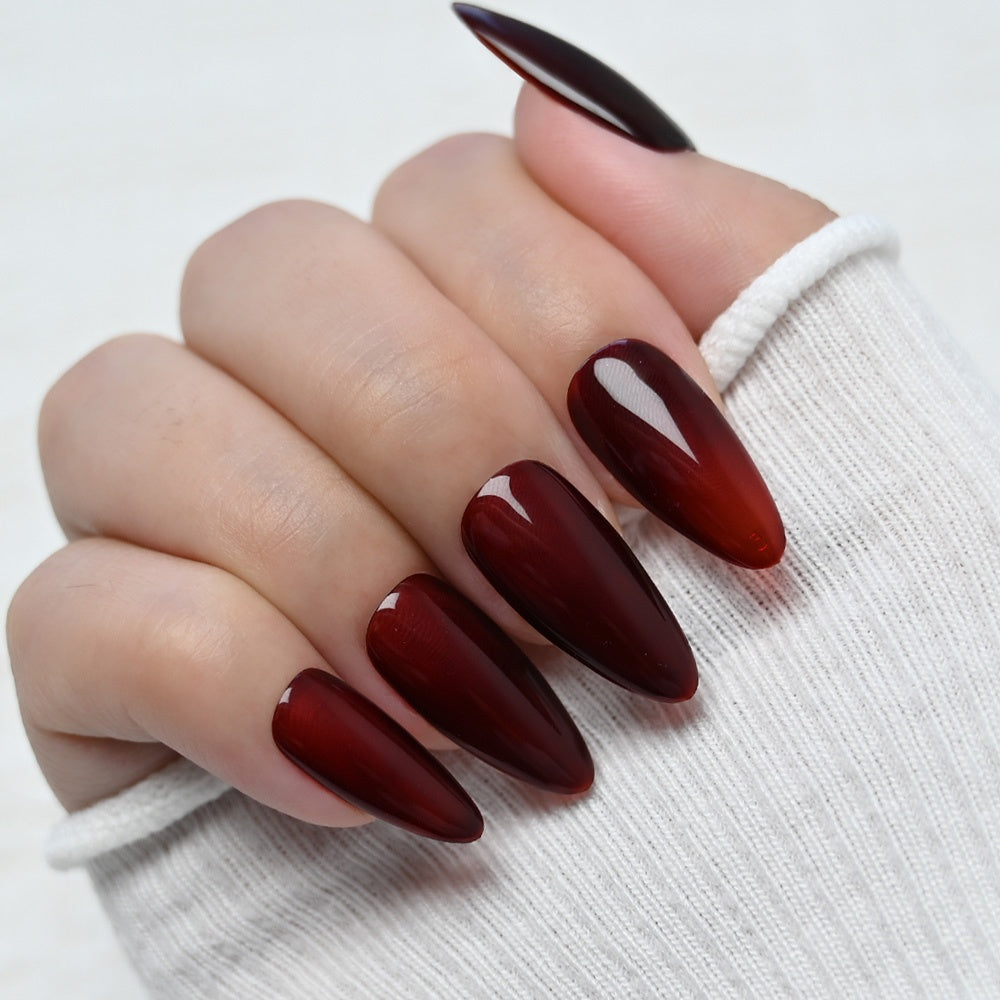 Deep burgundy red jelly nails, reusable handmade press on manicure